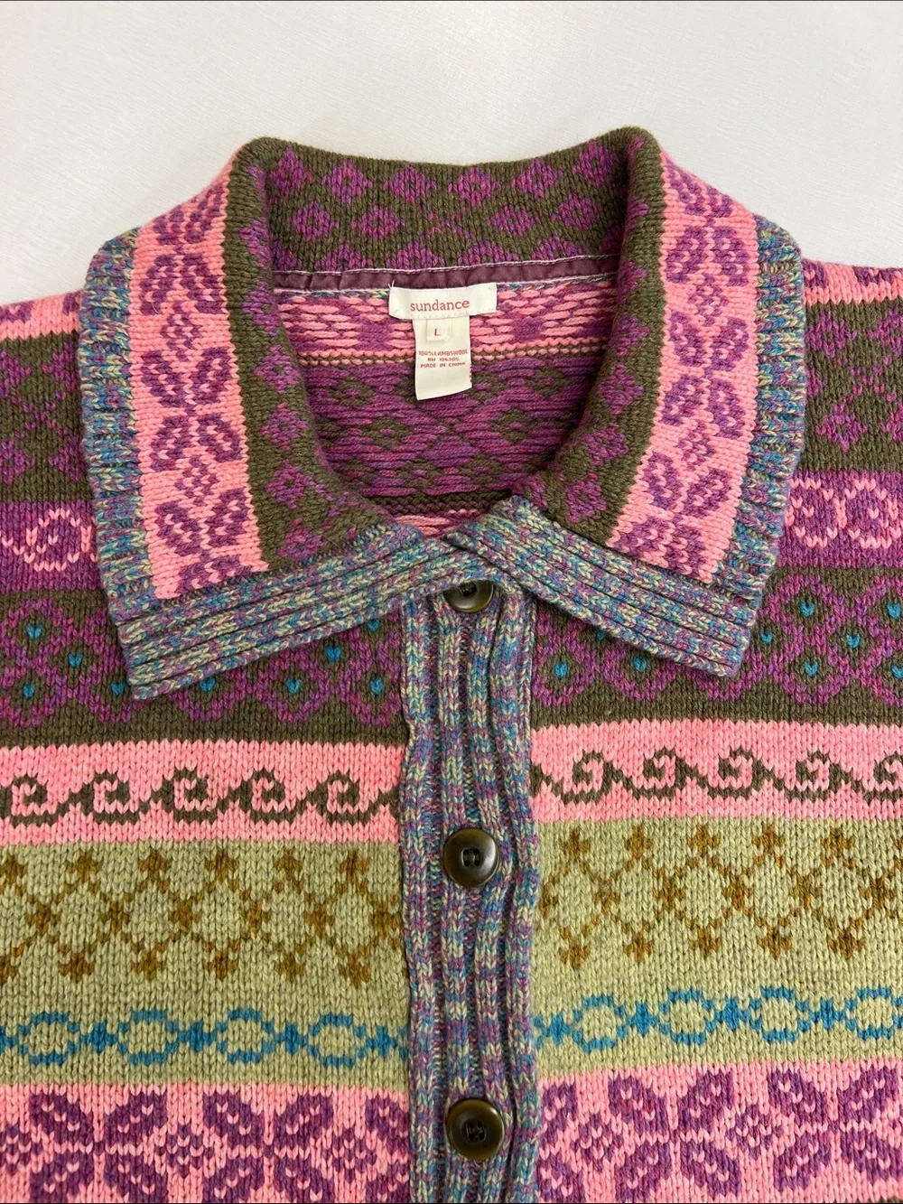 Sundance 100% lambswool long sleeve large collar button up cardigan sweater L - Picture 3 of 9